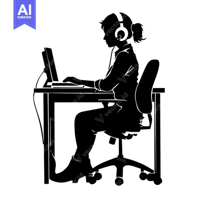 Aset desain premium: Silhouette of a woman working at a computer with headphones on