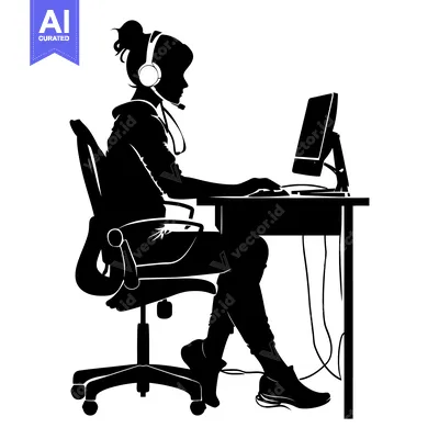 Aset premium populer: Silhouette of a Woman Working at a Desk with a Headset and Computer