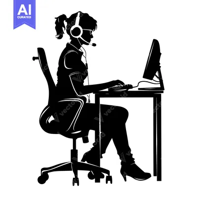 Aset premium populer: Silhouette of a woman wearing headphones working at a computer