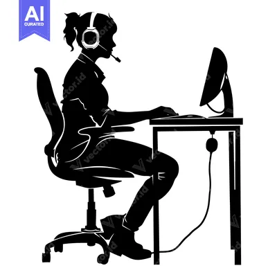 Aset premium populer: Silhouette of a Woman with Headphones Working at a Computer Desk