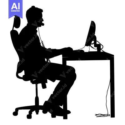 Aset desain premium: Silhouette of a Person Sitting at a Desk with a Computer and Headset