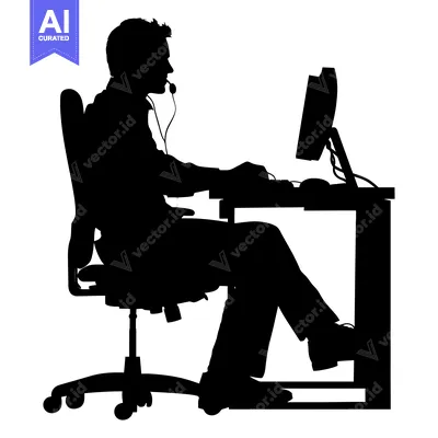 Premium design asset: Silhouette of a person sitting at a desk with a computer and headset