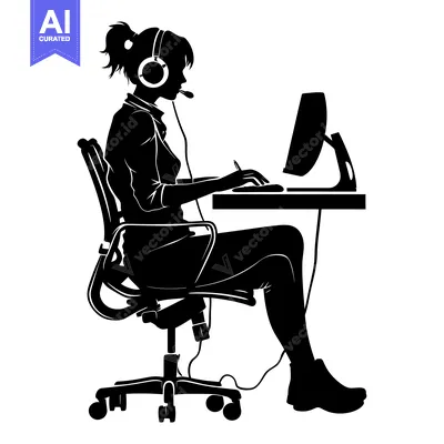 Aset desain premium: Silhouette of a Woman Working at a Desk with a Headset and Computer