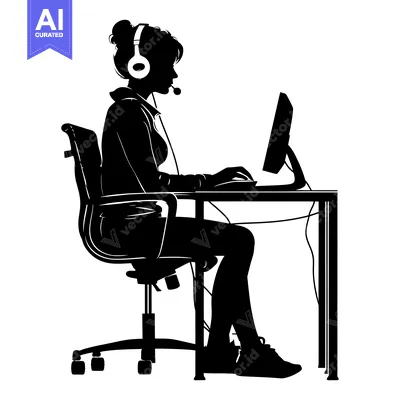 Premium design asset: Silhouette of a Woman Wearing Headphones Working at a Desk with a Comp
