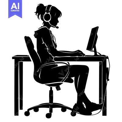Aset premium populer: Silhouette of a Woman Working at a Desk with a Headset and Computer
