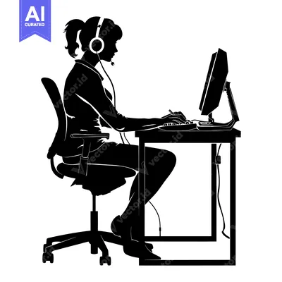 Aset desain premium: Silhouette of a Woman in a Headset Sitting at a Desk Using a Computer