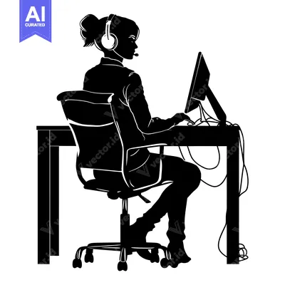 Aset premium populer: Silhouette of a Woman Wearing Headphones Working at a Desk