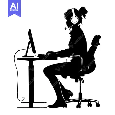 Aset premium populer: Silhouette of a Woman in a Headset Working at a Computer