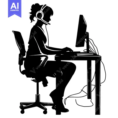 Aset desain premium: Silhouette of a Woman Working at a Computer Desk