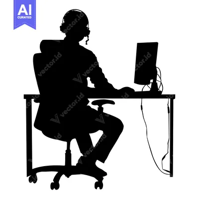 Aset premium populer: Silhouette of a Person Sitting at a Desk Wearing Headphones and Facing