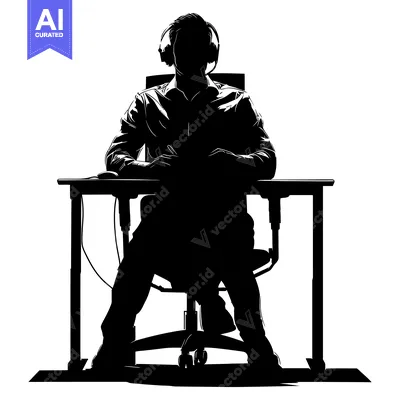 Aset premium populer: Silhouette of a Person Wearing Headphones Sitting at a Desk