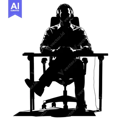 Aset premium populer: Silhouette of a Person Sitting at a Desk Wearing Headphones