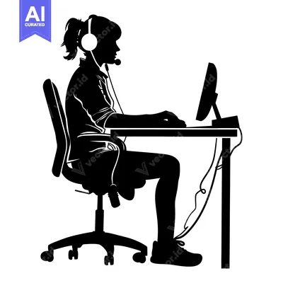 Aset premium populer: Silhouette of a Woman with Headphones Working at a Computer Desk