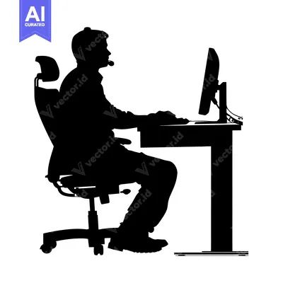 Aset desain premium: Silhouette of a Person Sitting at a Desk with a Computer