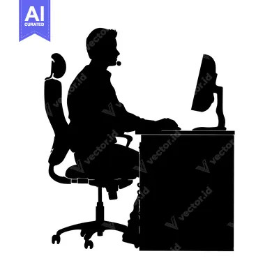 Aset desain premium: Silhouette of a Person Sitting at a Desk with a Computer