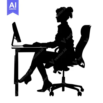 Aset desain premium: Silhouette of a Woman Working at a Desk with a Computer