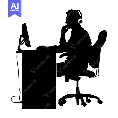 Aset desain premium: Silhouette of a Person Wearing Headphones at a Desk with a Computer