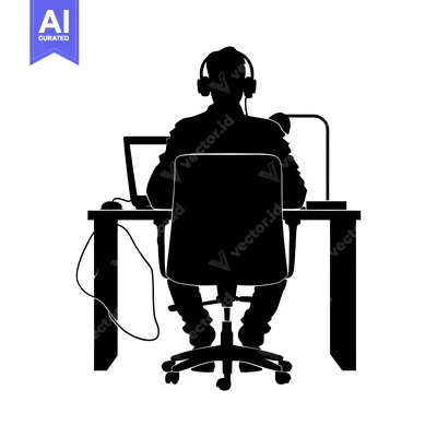 Aset desain premium: Silhouette of a Person Sitting at a Desk with a Computer and Headphone