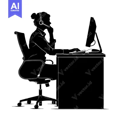 Aset premium populer: Silhouette of a woman with a headset working at a desk with a computer