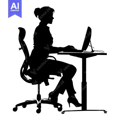 Aset desain premium: Silhouette of a woman working at a desk with a computer