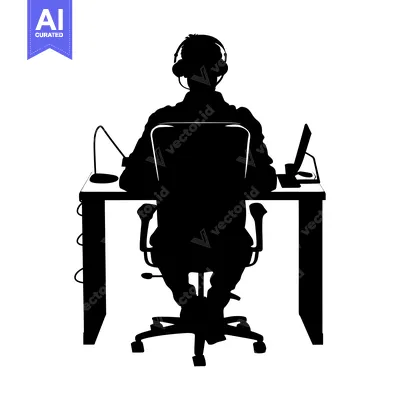 Popular premium asset: Silhouette of a Person Sitting in a Chair at a Desk with a Computer, H