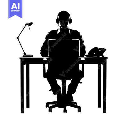 Aset premium populer: Silhouette of a Person Working at a Desk with a Laptop, Headset, and D