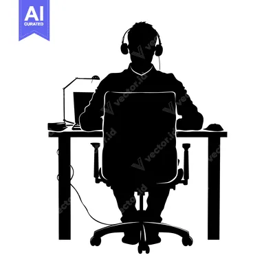 Aset premium populer: Silhouette of a Person Sitting at a Desk with a Computer and Headphone