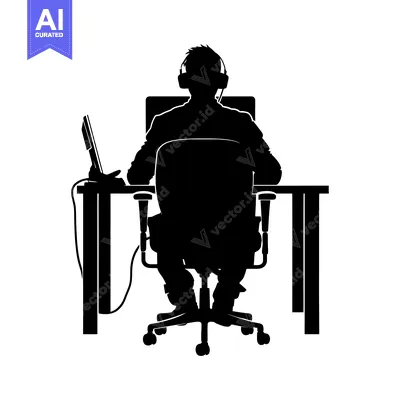 Aset premium populer: Silhouette of a Person Sitting at a Desk Wearing Headphones