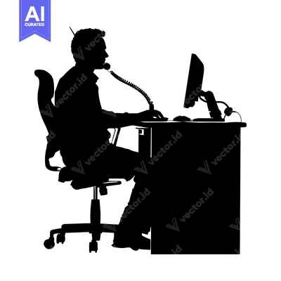 Silhouette of a Person Working at a Computer Desk with a Headset