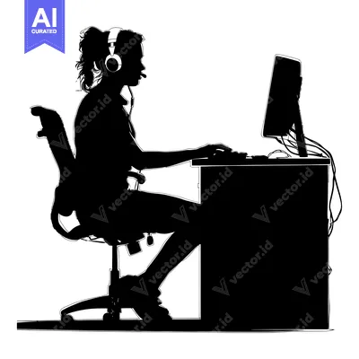 Aset premium populer: Silhouette of a Person Wearing Headphones and Using a Computer
