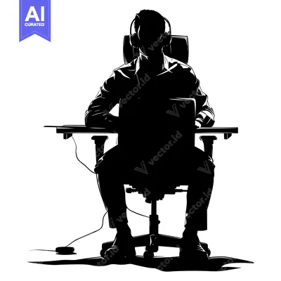 Aset desain premium: Silhouette of a Person Sitting in a Chair with Headphones and a Laptop