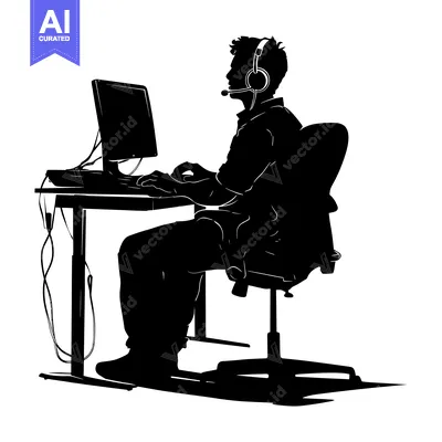 Aset premium populer: Silhouette of a Person Using a Computer with a Headset