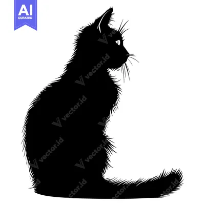 Aset desain premium: Black Cat Silhouette Sitting in Profile, Looking to the Right