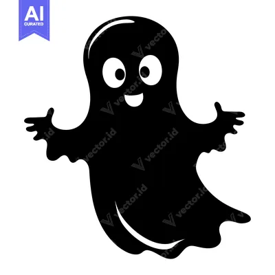 Aset desain premium: A Black and White Cartoon Ghost with a Smiling Face and Outstretched A