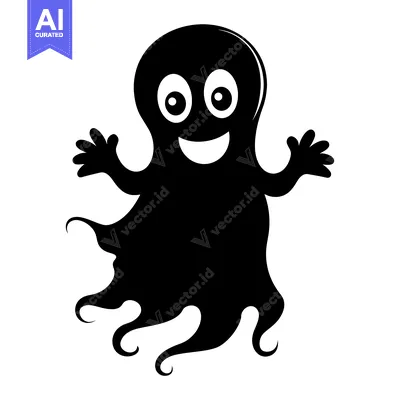 Aset premium populer: Black and White Cartoon Friendly Ghost with Big Eyes and Smile