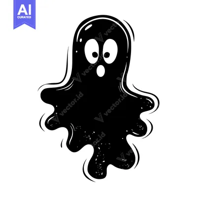 Aset desain premium: Black and White Cartoon Ghost with Large Eyes and Open Mouth