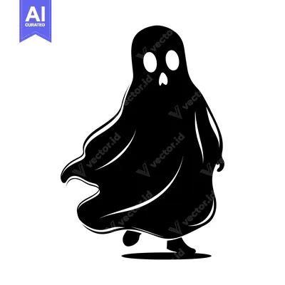 Aset desain premium: Black and White Silhouette of a Ghost with Large Eyes
