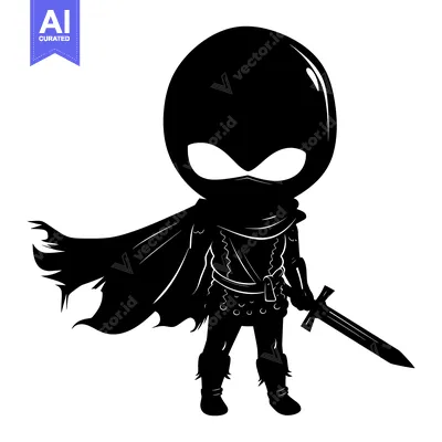 Silhouette of a Chibi-Style Character with a Sword and Cloak