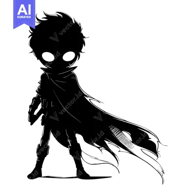 Aset desain premium: Silhouette of a Boy in a Cape with Flowing Hair