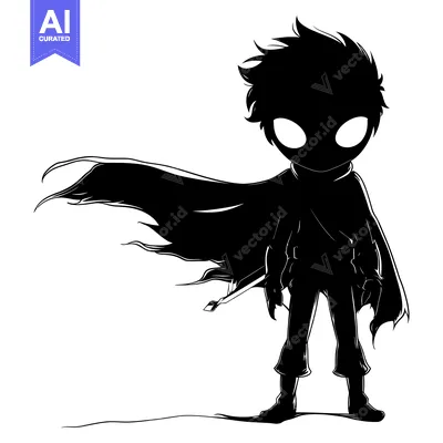 Aset premium populer: Silhouette of a Character Wearing a Cloak and Holding a Weapon