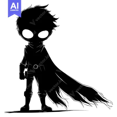 Aset premium populer: Silhouette of a Cartoon Boy in a Cape with a Gun