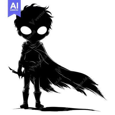 Aset desain premium: Silhouette of a Cartoon Boy Holding a Knife and Wearing a Cape