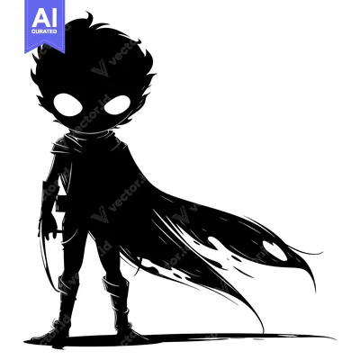 Aset desain premium: Silhouette of a Figure with a Flowing Cape and Glowing Eyes