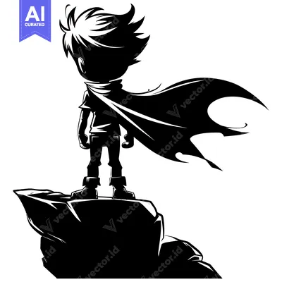 Popular premium asset: Silhouette of a Boy in a Cape Standing on a Cliff