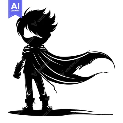 Premium design asset: Silhouette of a young superhero standing with flowing cape
