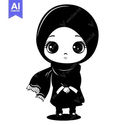 Aset premium populer: A Cartoon Illustration of a Young Girl Wearing a Hijab