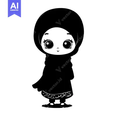 A Black and White Cartoon Illustration of a Young Girl Wearing a Hijab