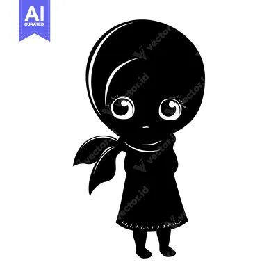 Aset desain premium: Black and White Silhouette of a Young Girl Wearing a Scarf