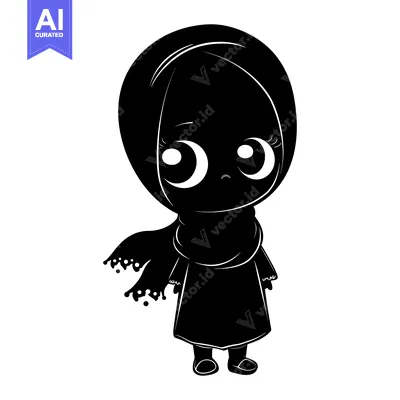 Popular premium asset: Black and White Silhouette of a Sad Cartoon Girl Wearing a Hijab