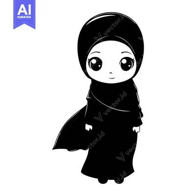 Aset premium populer: A Cartoon Illustration of a Young Girl Wearing a Hijab